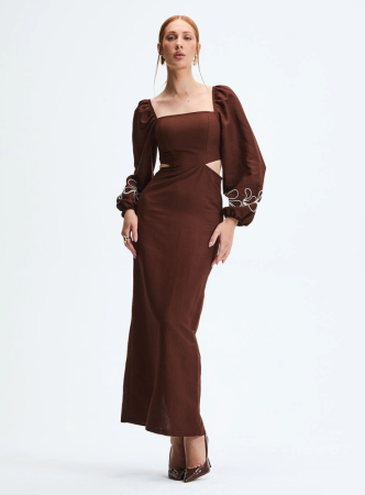 05008 Vestido Linho Pp Marrom Roccia